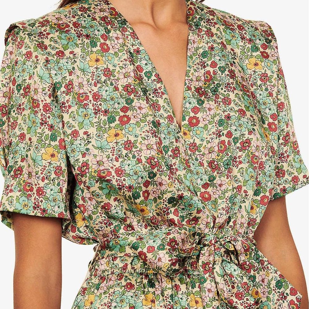 Sandro Floral Wrap Maxi Dress in Ivory with Red, Yellow & Green Accents